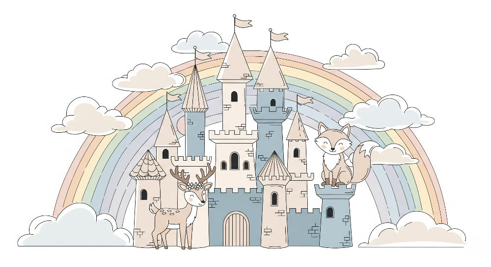 Detailed fairy castle mural wallpaper design pattern with animals and rainbow by Kids-Mundo