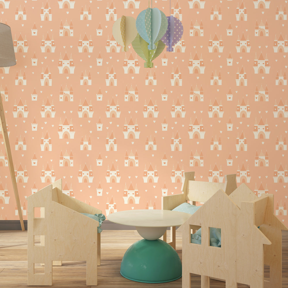 Whimsical fairy castle mural wallpaper creating dreamy atmosphere in girls bedroom by Kids-Mundo