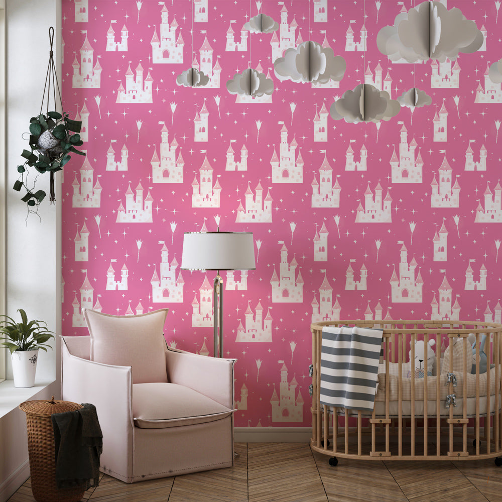 Princess castle mural wallpaper with stars and magic wands in girls bedroom by Kids-Mundo