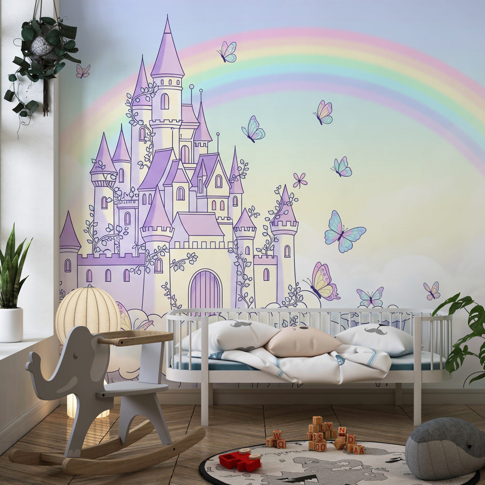 Magical castle wallpaper creating enchanted children's bedroom with rainbow and clouds