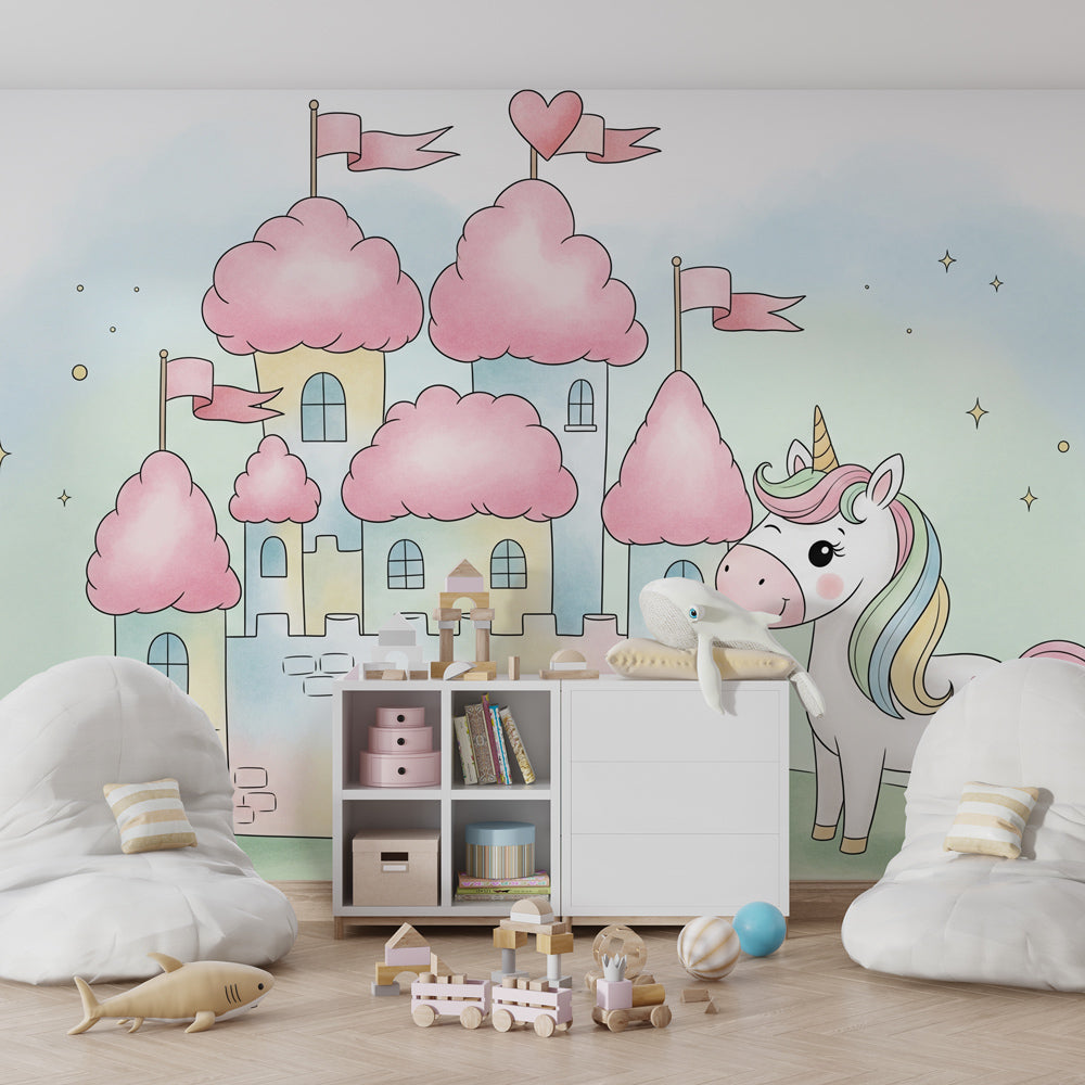 Magical castle wallpaper transforming children's bedroom into fairy tale kingdom by Kids-Mundo
