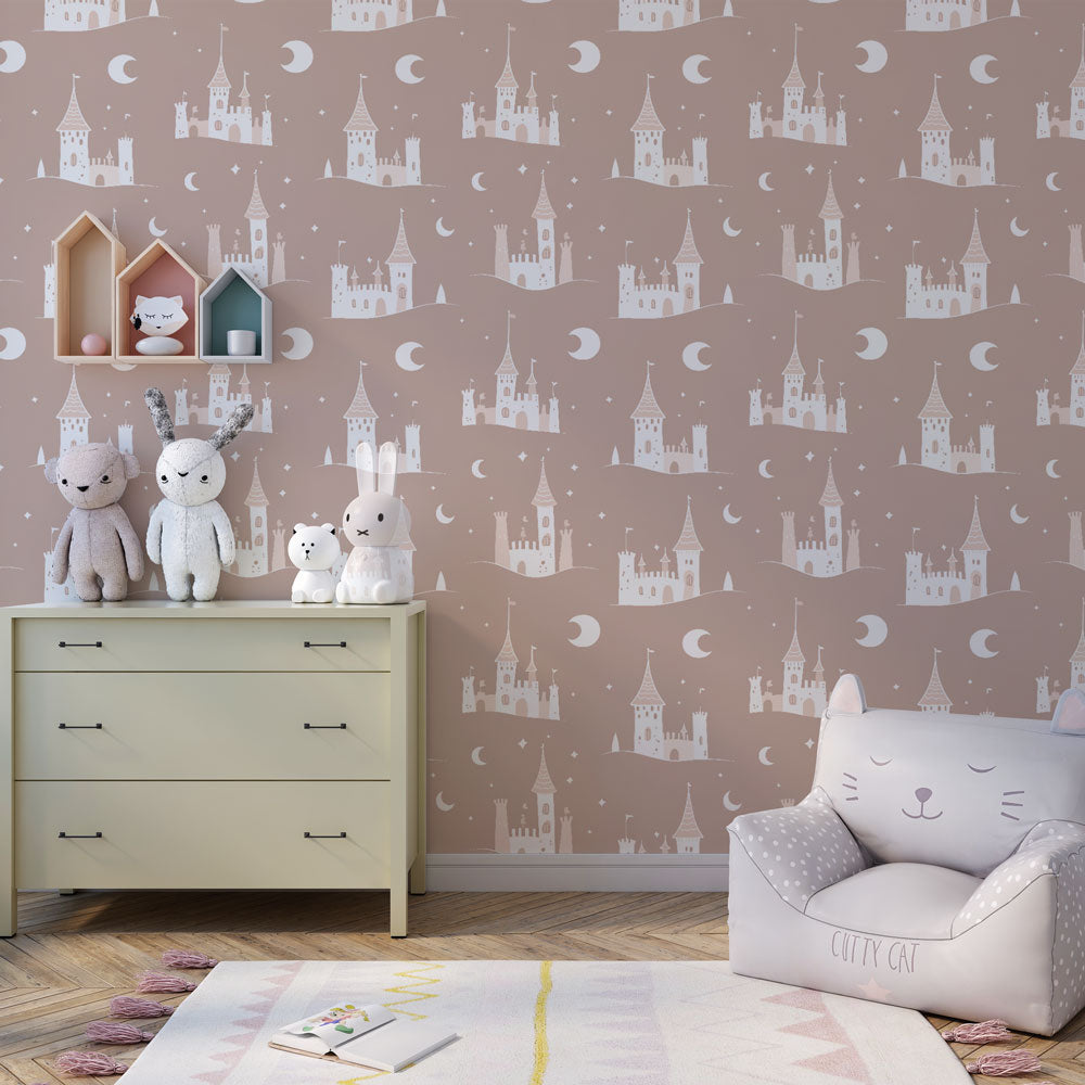 Whimsical fairy castle mural wallpaper with soft pink and purple tones for kids room by Kids-Mundo