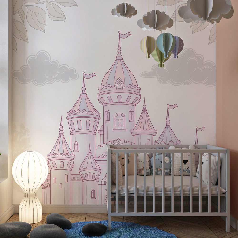 Princess castle mural wallpaper transforming children's bedroom into enchanted fairy tale space