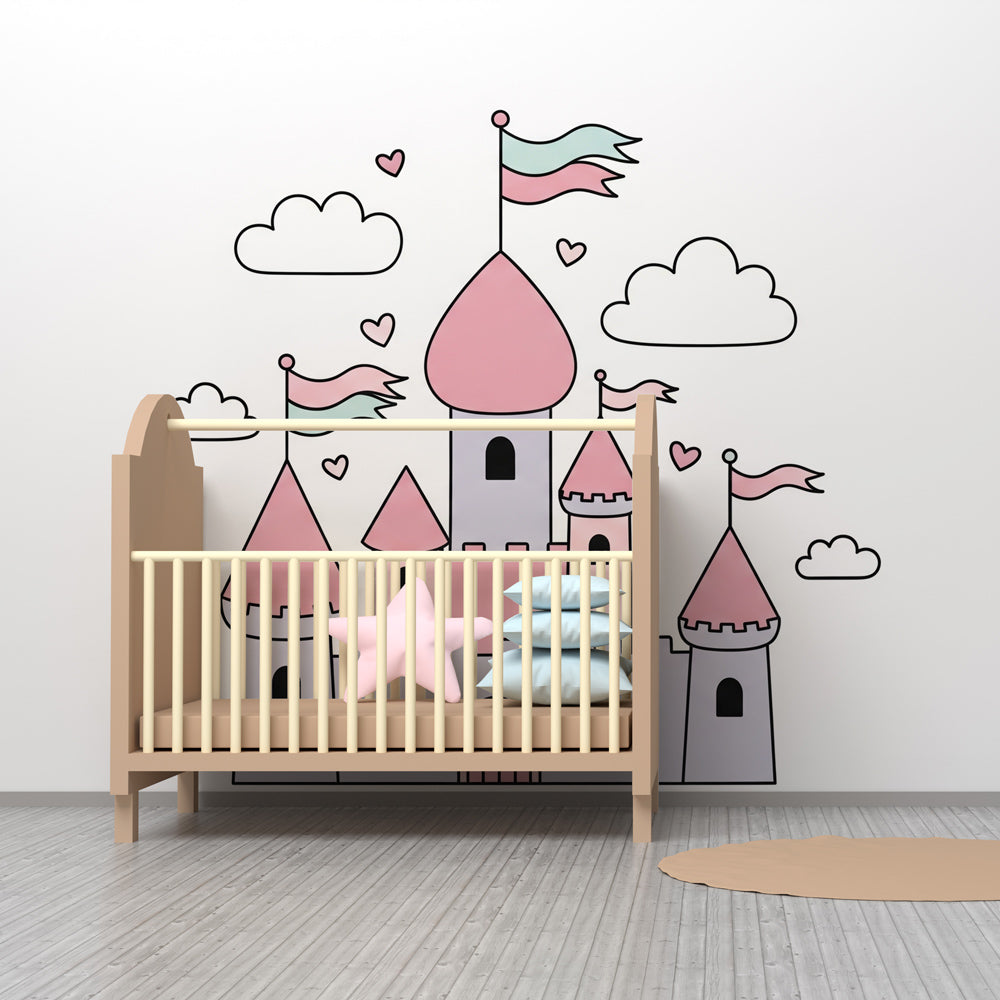 Whimsical fairy castle mural wallpaper transforming toddler room into dreamy kingdom setting