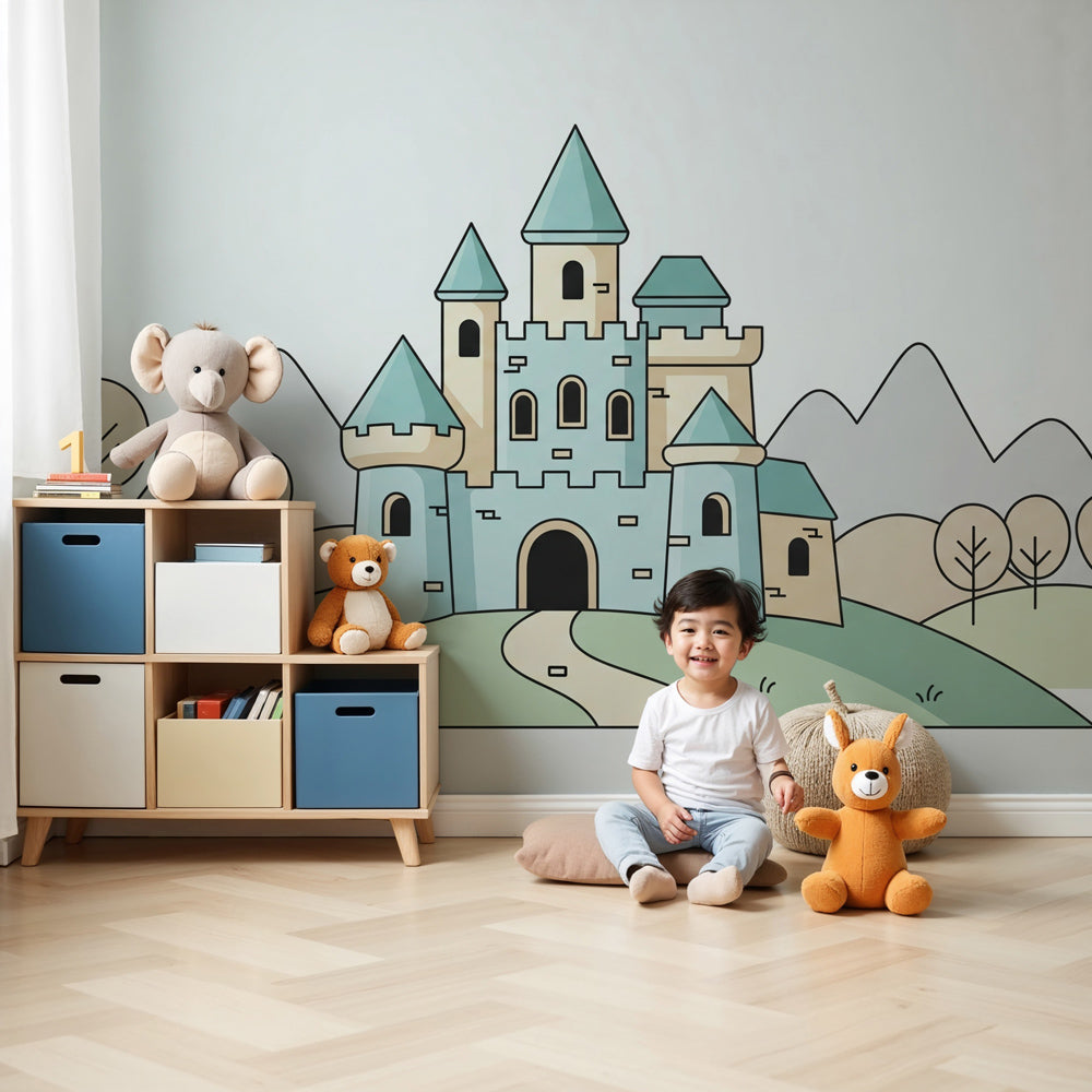 Fairy castle mural wallpaper creating magical kingdom atmosphere in modern kids nursery by Kids-Mundo