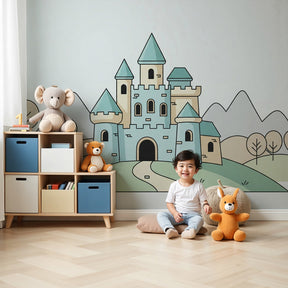 Fairy castle mural wallpaper creating magical kingdom atmosphere in modern kids nursery by Kids-Mundo