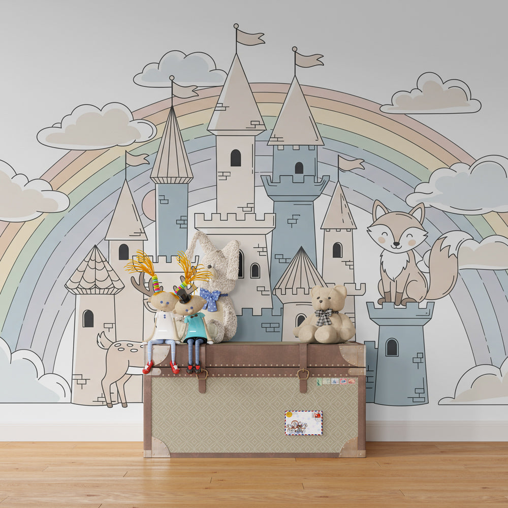 Magical castle wallpaper creating enchanting nursery decor with pastel colors and friendly animals