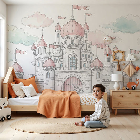 Fairy castle mural wallpaper with unicorn in modern kids bedroom by Kids-Mundo