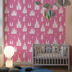 Pink castle wallpaper transforming nursery into enchanted kingdom with magical theme