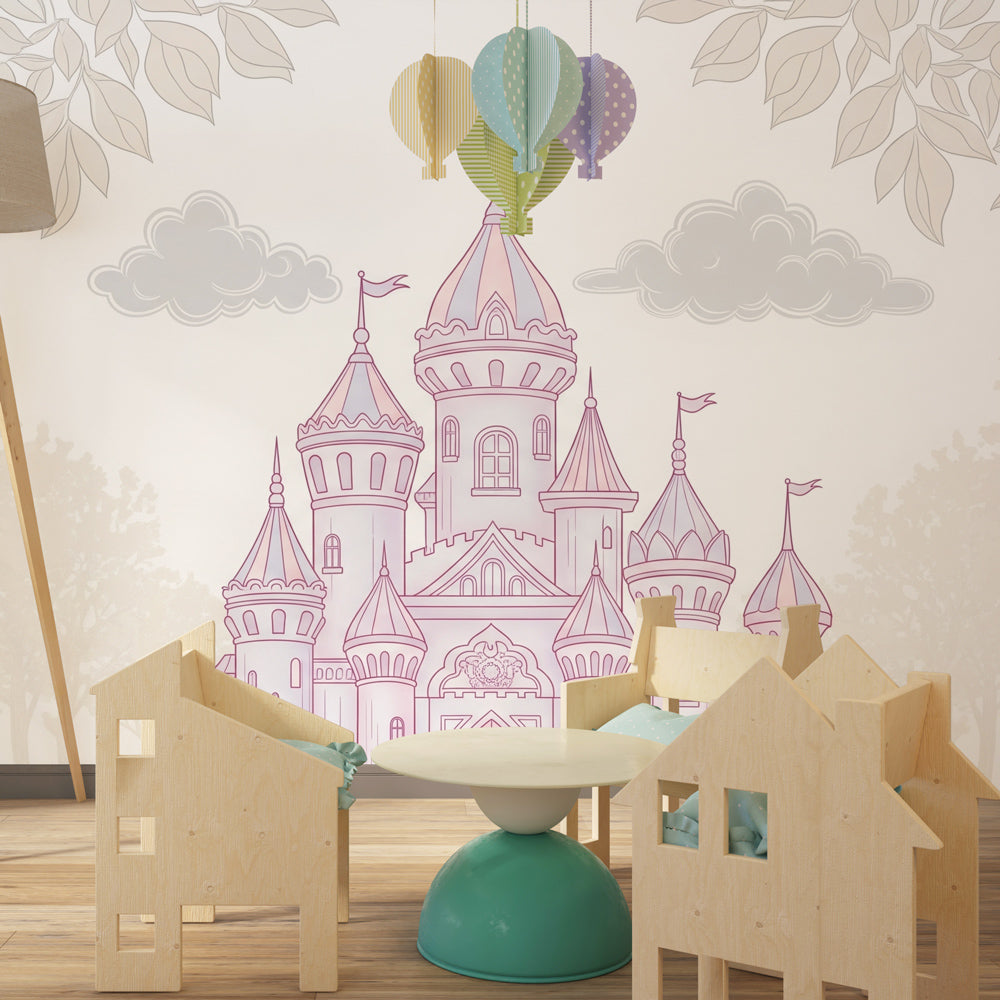 Pastel castle wallpaper creating magical nursery atmosphere with soft pink and cloud details