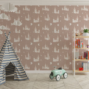 Fairy castle mural wallpaper creating magical nursery decor with moonlit sky theme by Kids-Mundo