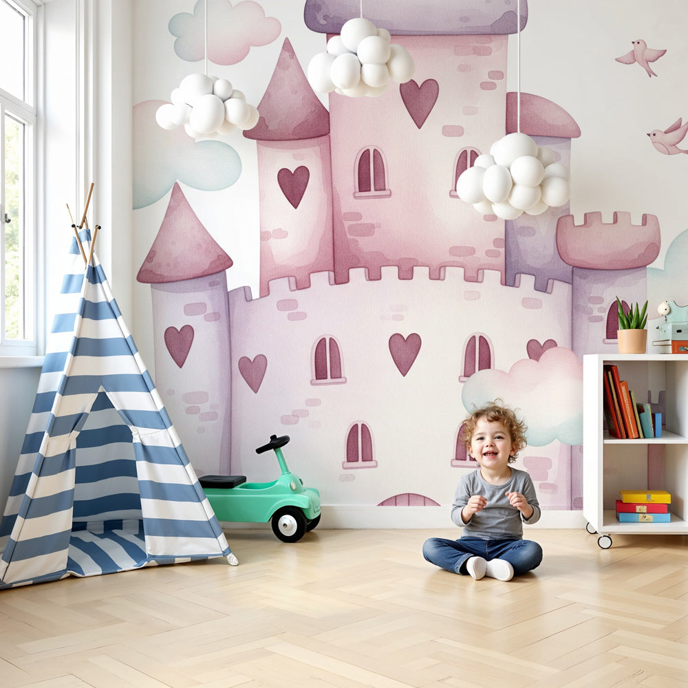 Fairy castle mural wallpaper in pastel pink creating magical nursery decor by Kids-Mundo
