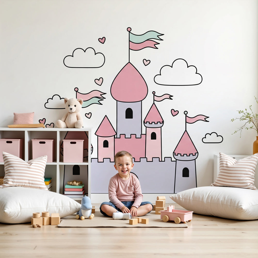 Fairy castle mural wallpaper in pastel nursery room with pink and grey castle towers by Kids-Mundo