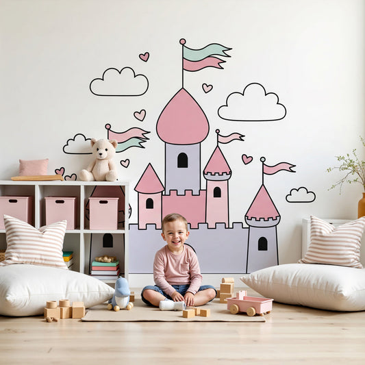 Fairy castle mural wallpaper in pastel nursery room with pink and grey castle towers by Kids-Mundo