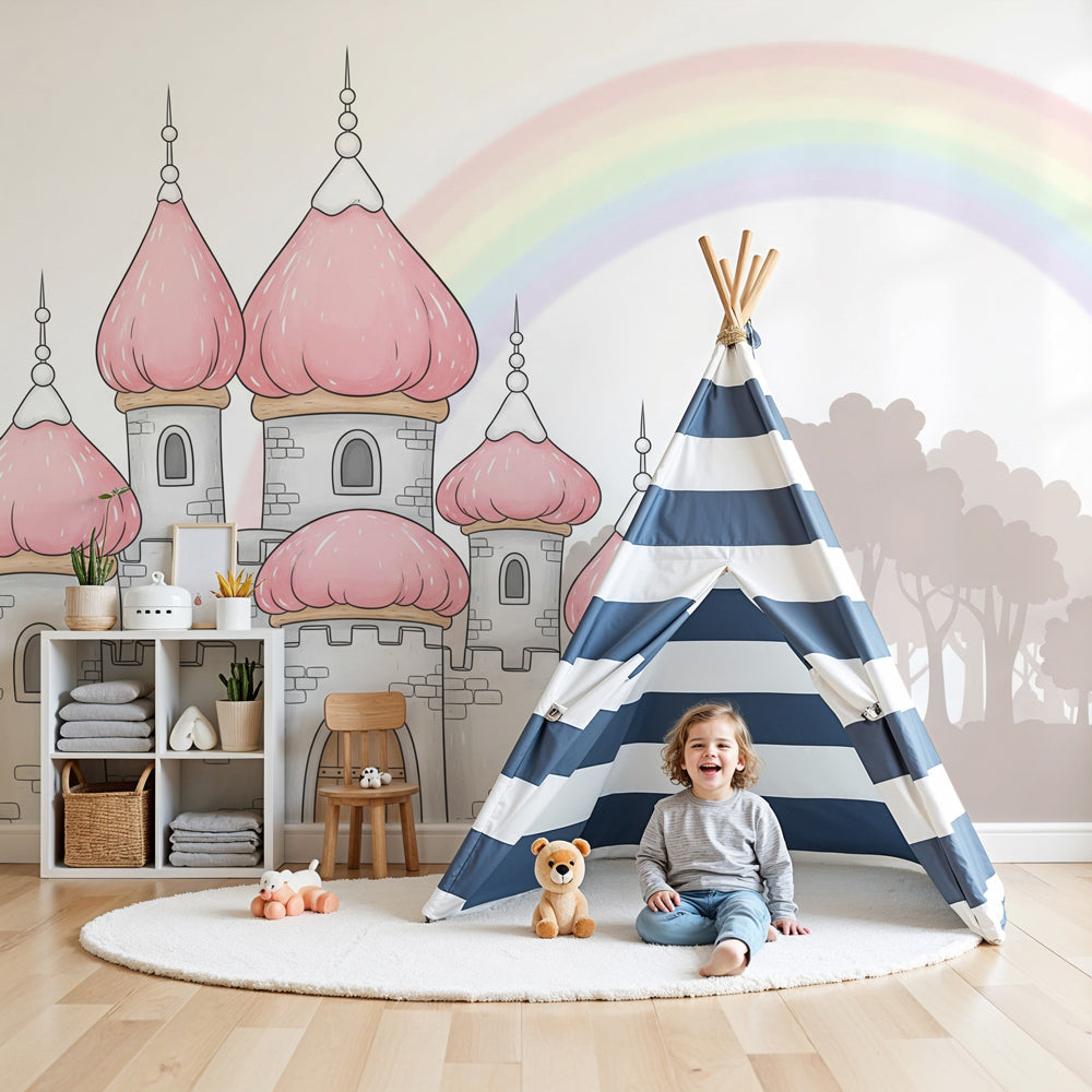 Fairy castle mural wallpaper with rainbow creating magical nursery decor by Kids-Mundo