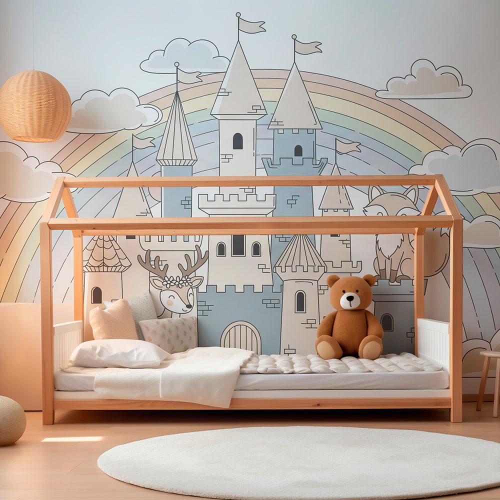 Fairytale castle mural wallpaper transforming children's playroom into magical kingdom space
