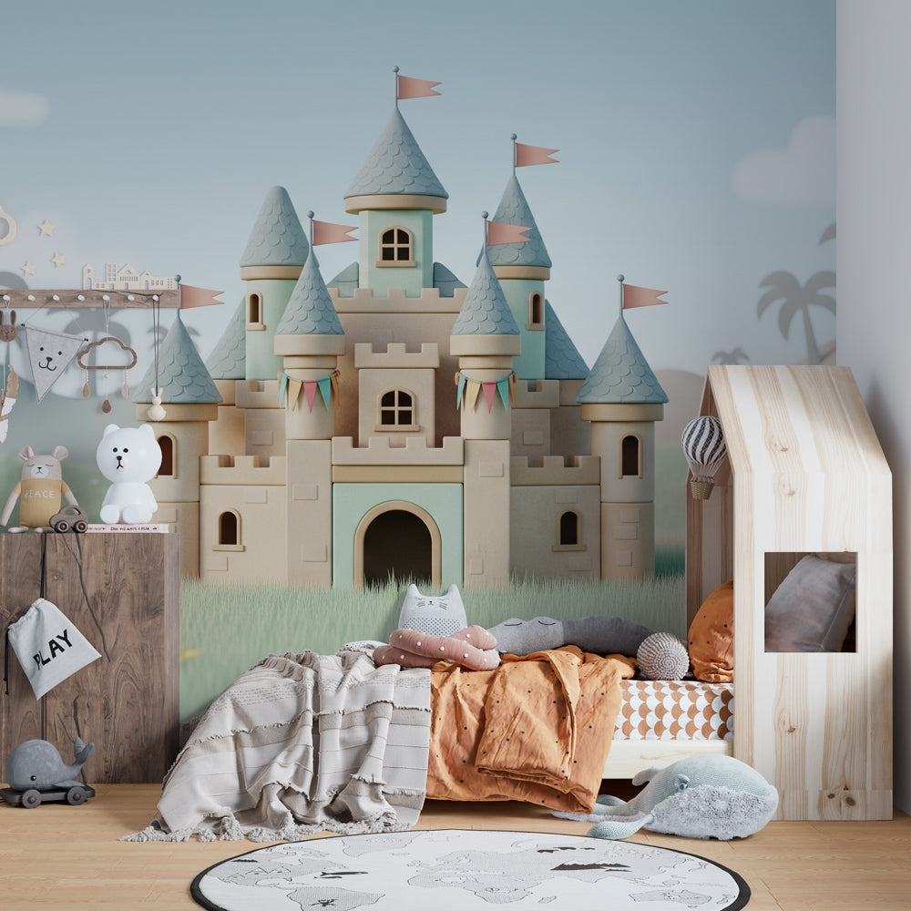 Magical fairy castle mural wallpaper transforming kids playroom into enchanted kingdom by Kids-Mundo
