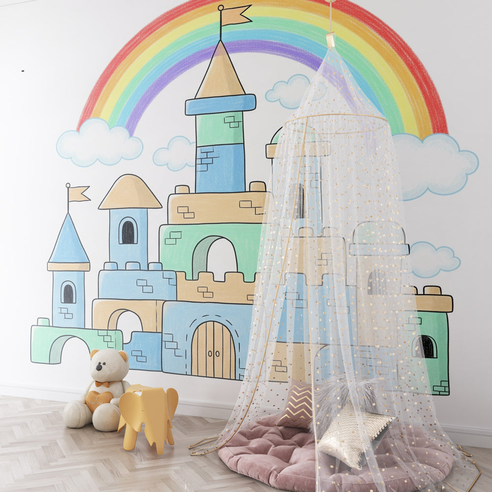 Children's castle wallpaper transforming playroom into enchanted kingdom space