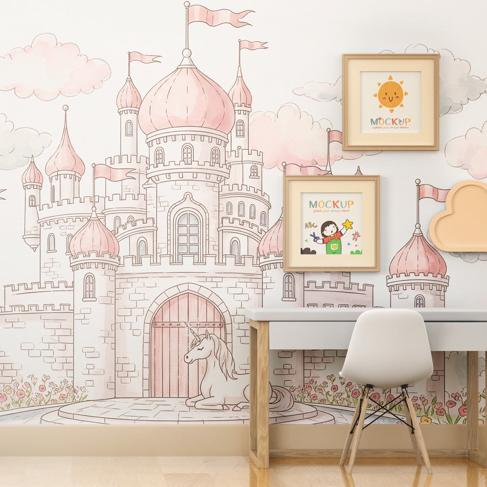 Enchanting castle unicorn wallpaper transforming children's playroom space