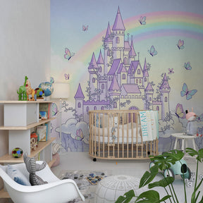 Butterfly and castle mural wallpaper transforming kids playroom into fairy tale space