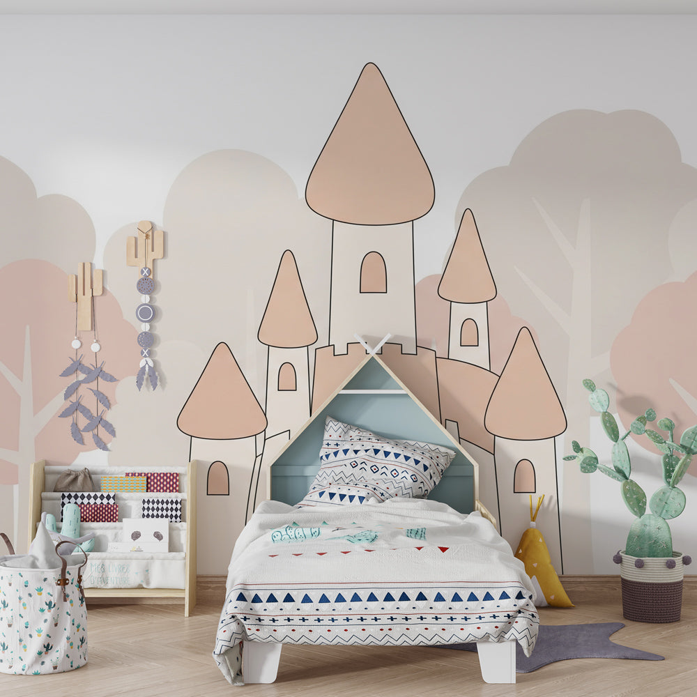 Pastel castle mural wallpaper for enchanting kids playroom decoration by Kids-Mundo