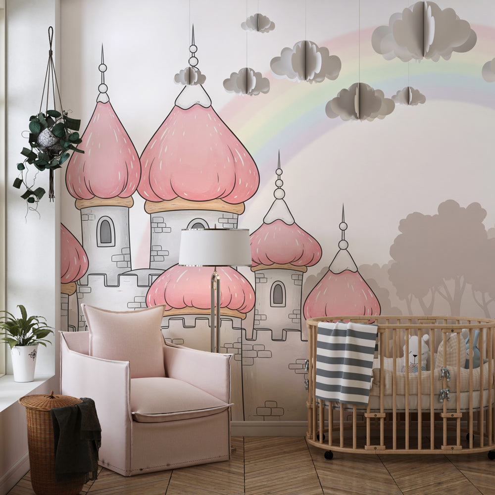 Rainbow castle mural wallpaper creating enchanting playroom atmosphere for kids by Kids-Mundo