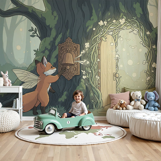 Kids-Mundo fairy fox and magic forest door wall mural glowing softly in a nursery