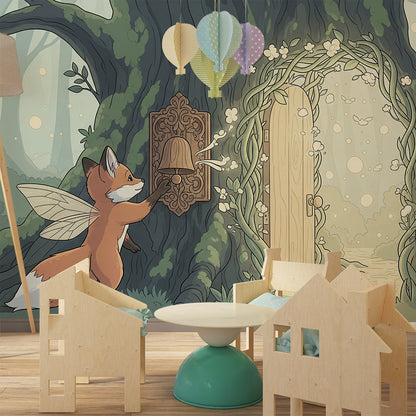 Kids-Mundo magic forest door wall mural bringing fairytale charm to a playroom