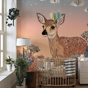 Baby deer mural wallpaper in soothing pink and blue tones for peaceful nursery atmosphere