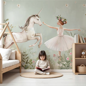 Fairy garden mural wallpaper with dancing ballerina and unicorn in modern nursery by Kids-Mundo