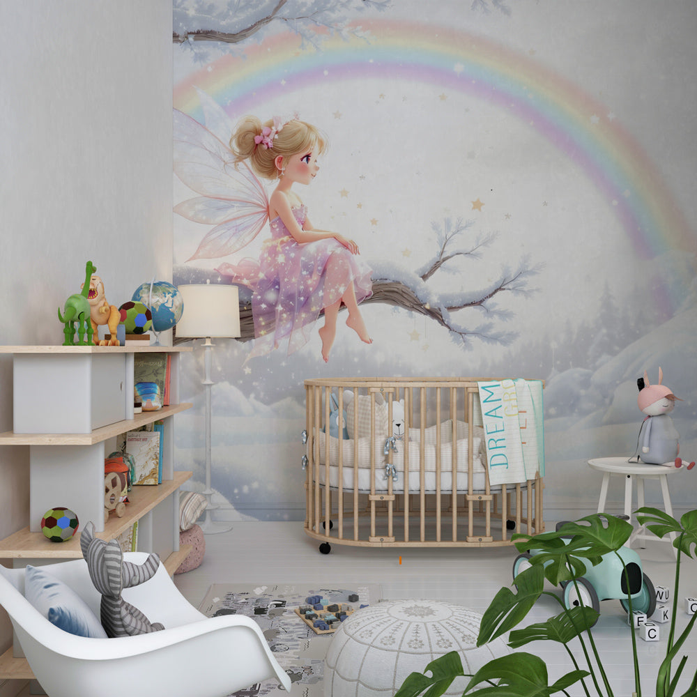 Enchanted fairy wallpaper creating magical atmosphere in children's bedroom