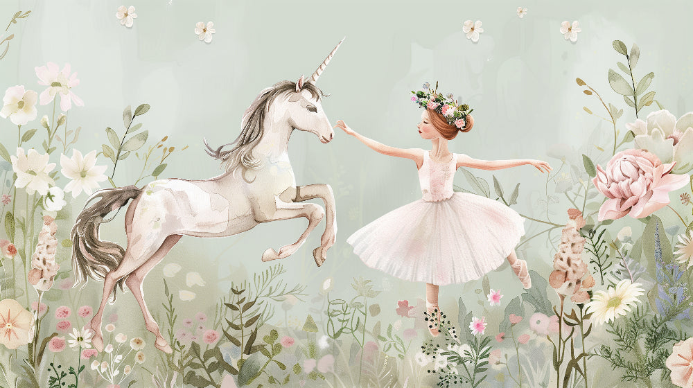 Detailed fairy garden mural wallpaper design pattern with ballerina and unicorn by Kids-Mundo