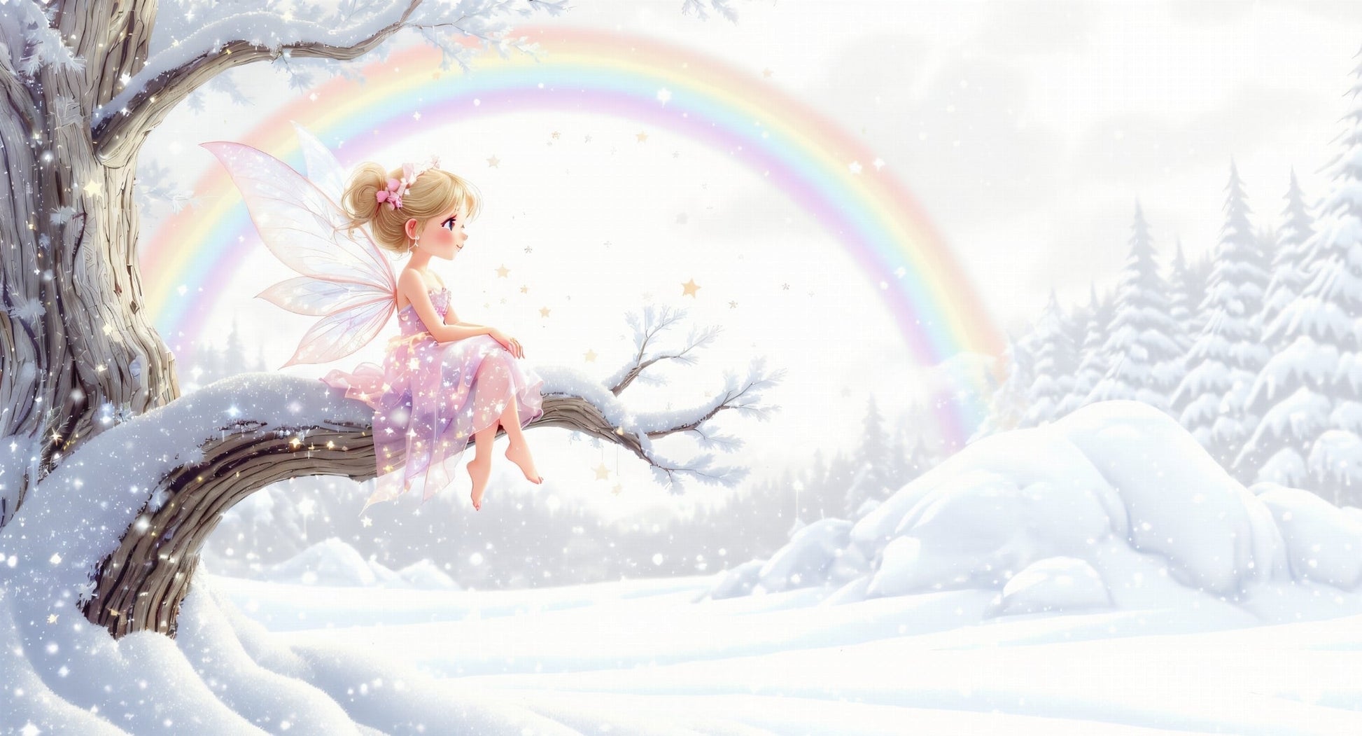 Detailed fairy on snowy tree branch mural wallpaper design pattern by Kids-Mundo