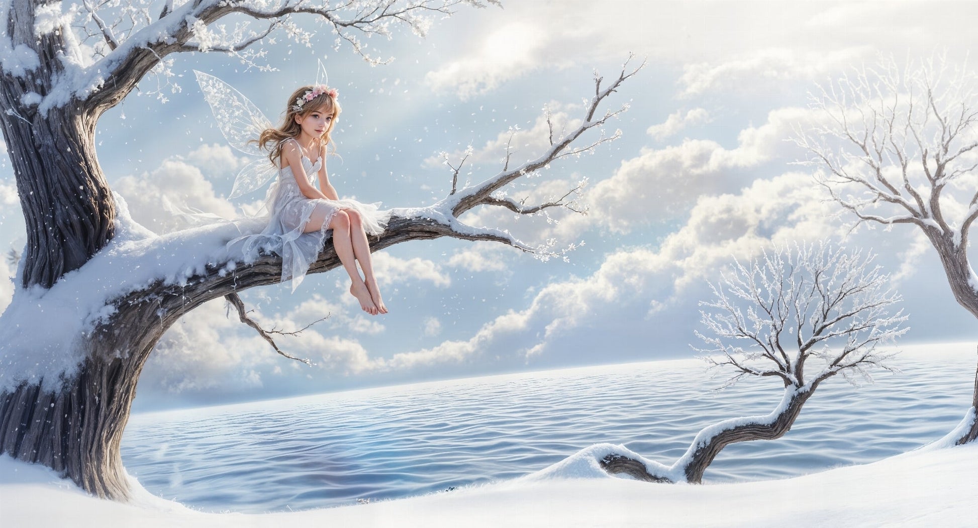 Detailed winter fairy mural wallpaper design pattern showing magical snowy landscape by Kids-Mundo