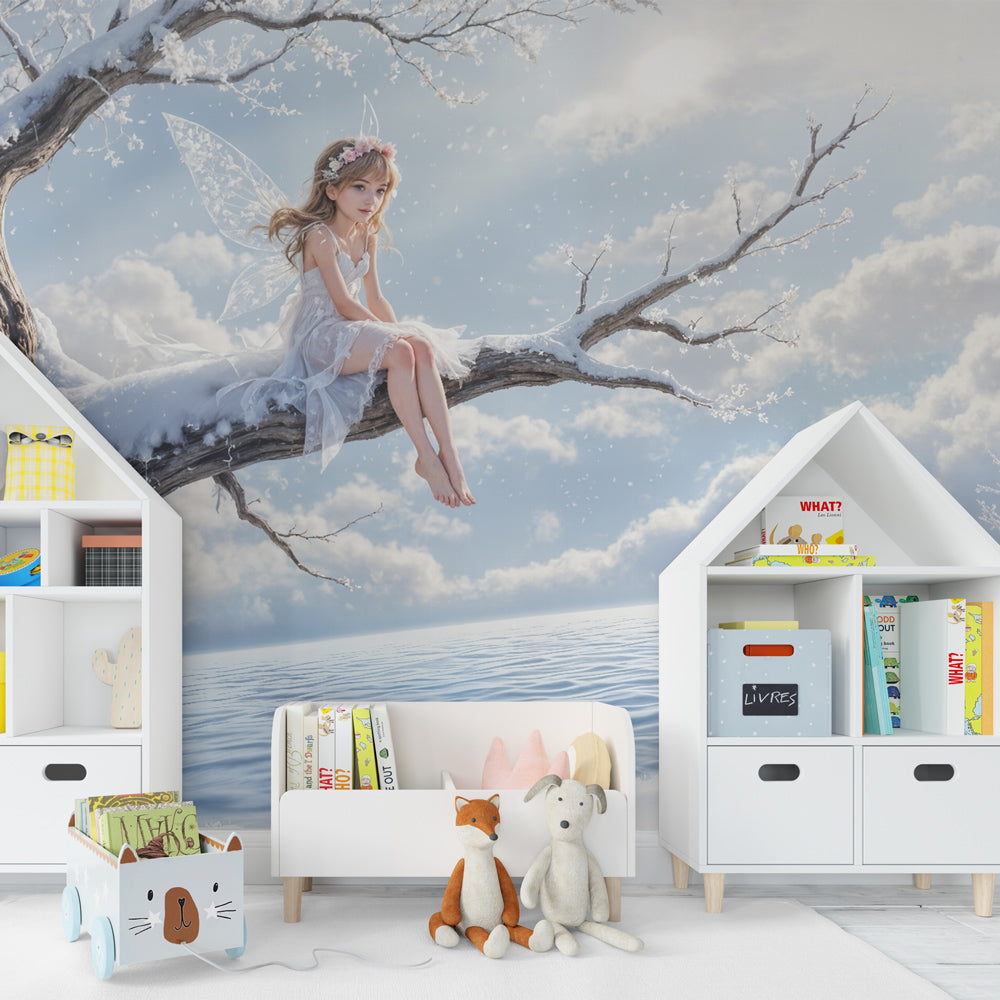 Enchanting fairy wallpaper transforming kids playroom with winter wonderland theme