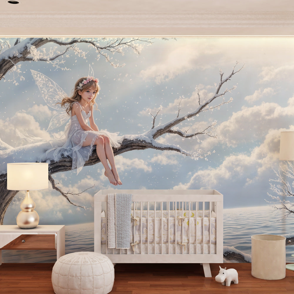 Winter fairy mural wallpaper creating magical nursery atmosphere with snowy lake scene