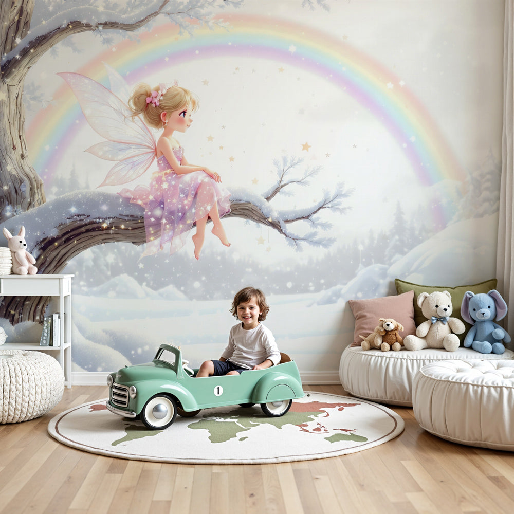 Fairy mural wallpaper with winter tree scene in elegant nursery room by Kids-Mundo