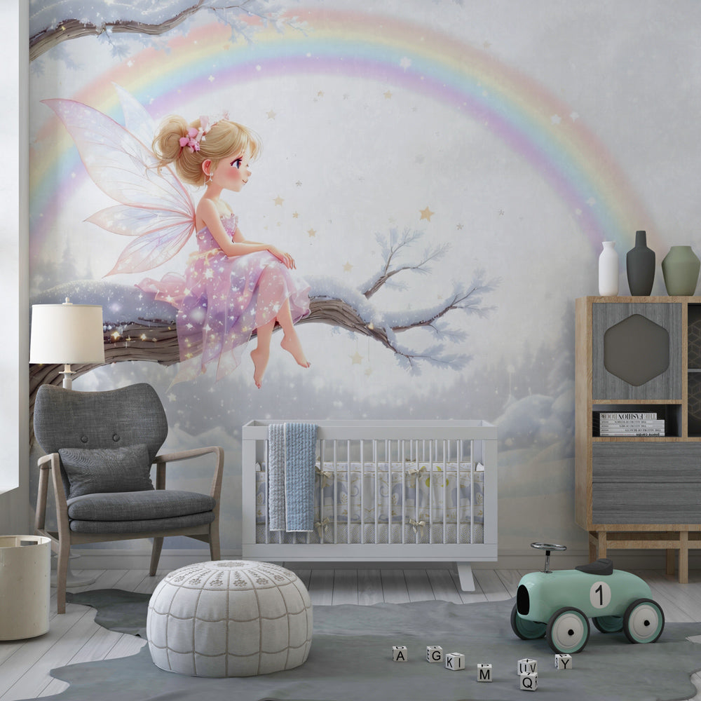 Winter fairy mural wallpaper transforming playroom into enchanted forest space