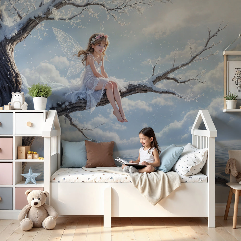 Fairy winter wonderland mural wallpaper decorating cozy children's bedroom by Kids-Mundo