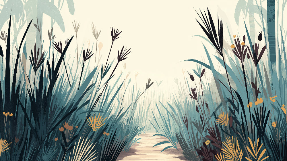 Detailed fairy path mural wallpaper design pattern showing lush botanical forest trail by Kids-Mundo