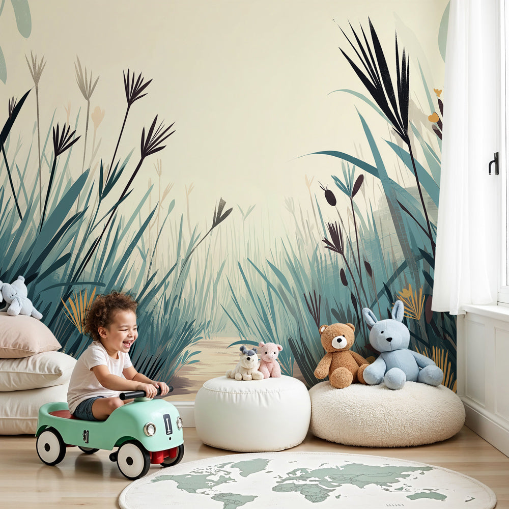Fairy path mural wallpaper creating enchanted forest atmosphere in modern nursery by Kids-Mundo
