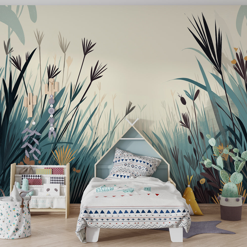 Enchanted forest mural wallpaper with winding path creating adventure theme in kids playroom