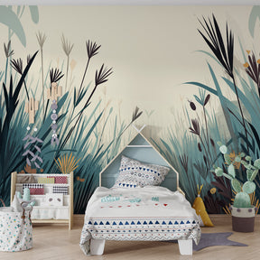 Enchanted forest mural wallpaper with winding path creating adventure theme in kids playroom