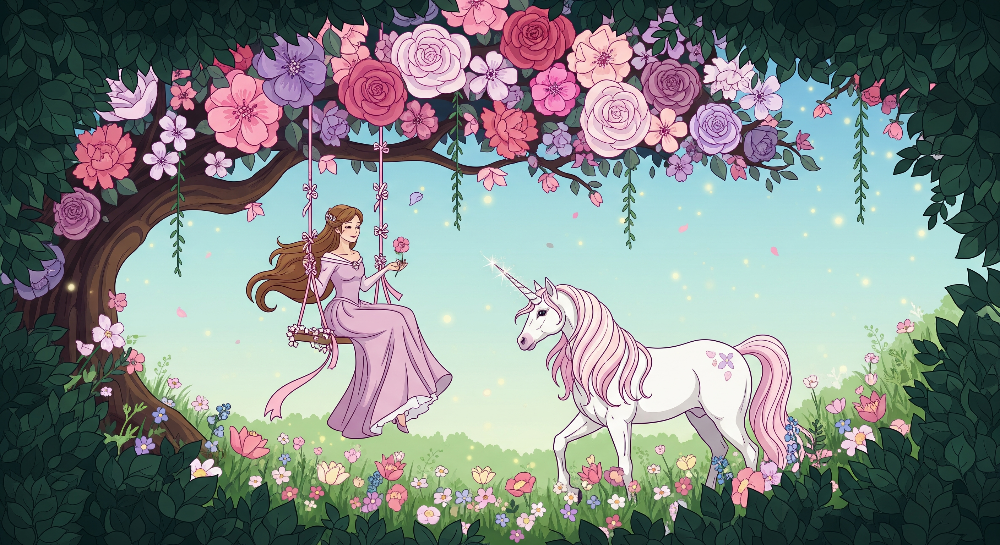 Fairy Swing and Rose Garden Unicorn Wall Mural