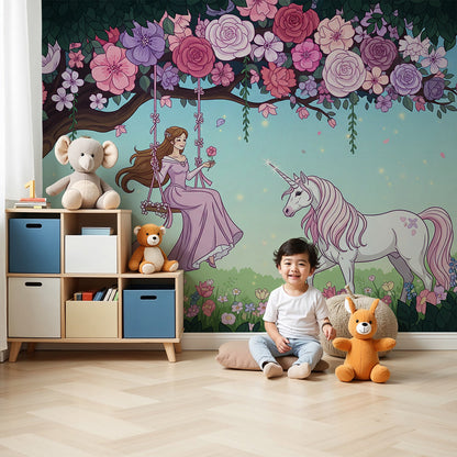 Kids-Mundo fairy swing and rose garden unicorn wall mural fitted above a cot in a soft pink nursery