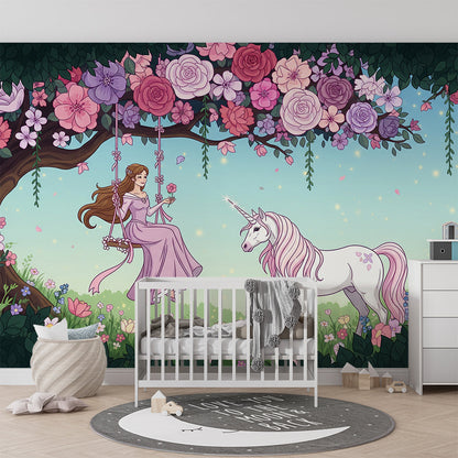 Kids-Mundo fairy and unicorn rose garden mural brightening a playroom reading corner wall