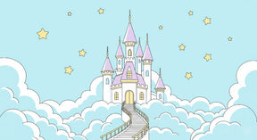 Detailed fairy tale castle mural wallpaper design pattern with clouds and stars by Kids-Mundo