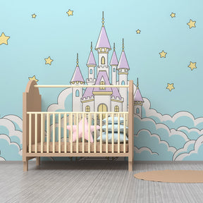 Magical castle wallpaper creating dreamy atmosphere in children's bedroom decor