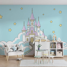 Castle in clouds mural wallpaper inspiring imagination in colorful kids playroom
