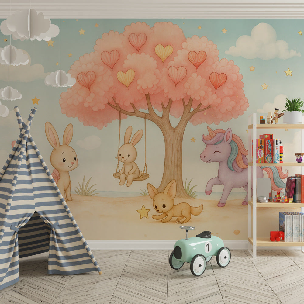Magical woodland wallpaper creating dreamy atmosphere in children's bedroom with unicorns and rabbits